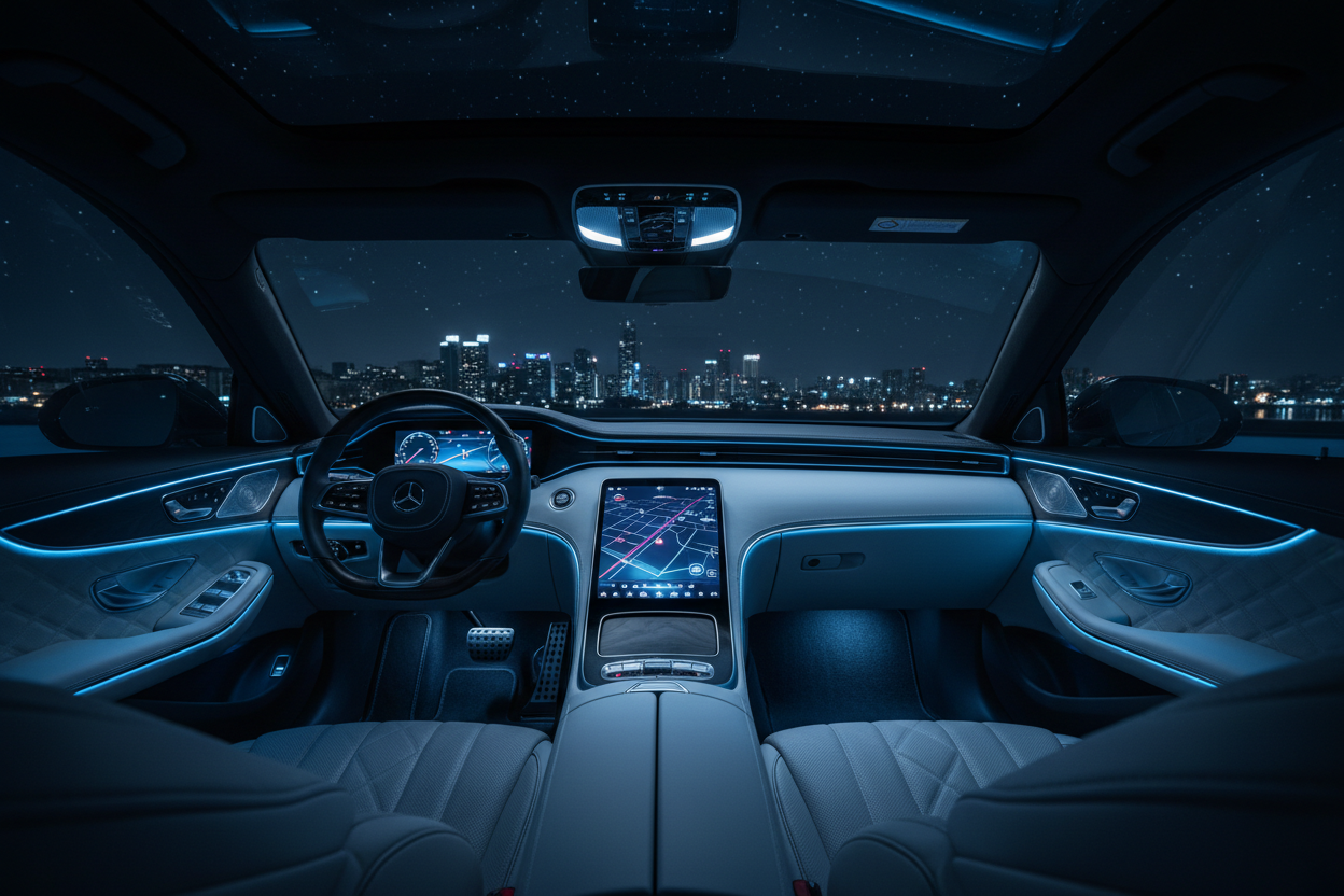 Luxury car interior with blue ambient LED lighting
